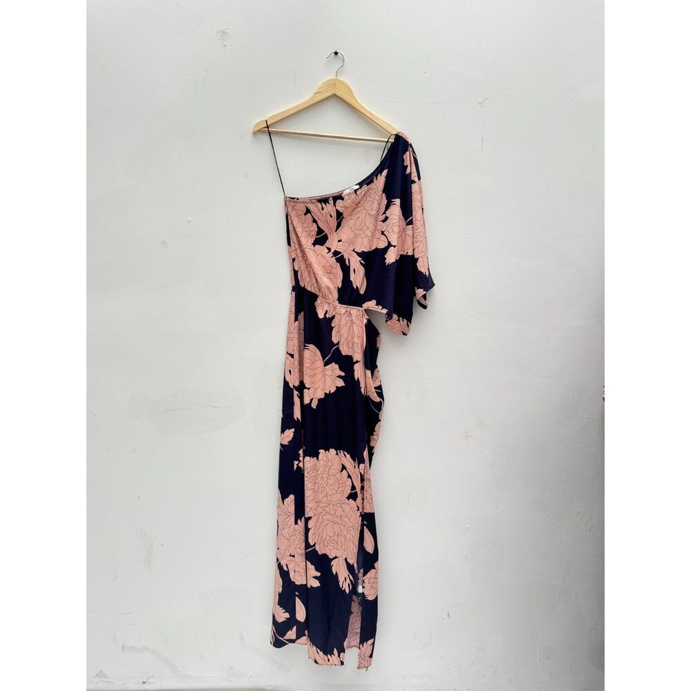 Baltic Born One Shoulder Navy Blush Floral Maxi Dress Size L Cutout Slit